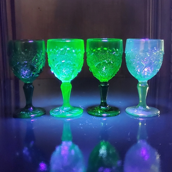 (4☘️) Vntg "Buzz Saw" Uranium 💚& Carnival Green Goblets Double Shot Degenhart - Picture 15 of 15
